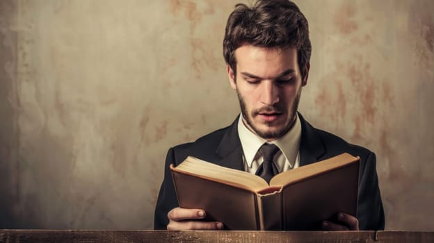 A man in a professional suit is absorbed in reading a book. He sits with focused attention, flipping through the pages while deep in thought.