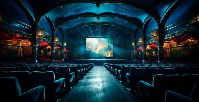 Large cinema, watching new films, blue hall, leisure for the whole family AI generated image
