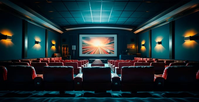 Large cinema, watching new films, blue hall, leisure for the whole family AI generated image