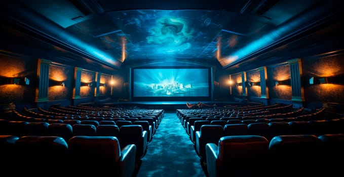 Large cinema, watching new films, blue hall, leisure for the whole family AI generated image