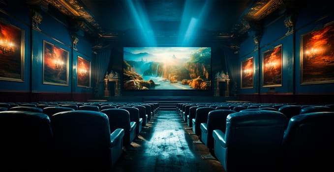 Large cinema, watching new films, blue hall, leisure for the whole family AI generated image