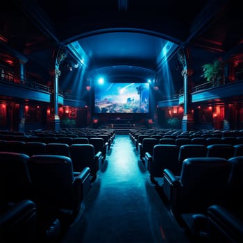 Large cinema, watching new films, blue hall, leisure for the whole family AI generated image