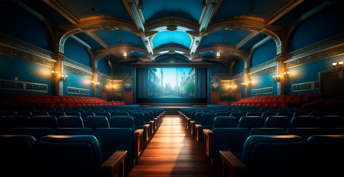 Large cinema, watching new films, blue hall, leisure for the whole family AI generated image