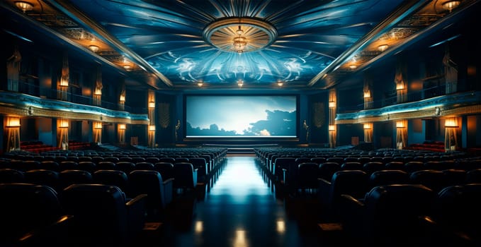 Large cinema, watching new films, blue hall, leisure for the whole family AI generated image