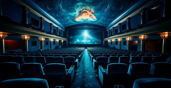 Large cinema, watching new films, blue hall, leisure for the whole family AI generated image