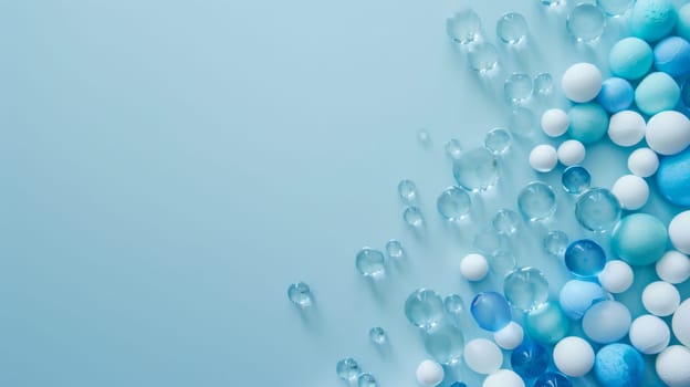 A background featuring an array of bubbles in shades of blue and white. The bubbles vary in size and shape, creating a dynamic and textured surface. The blue hues range from light sky blue to deep navy, while the white bubbles add contrast and dimension to the composition.