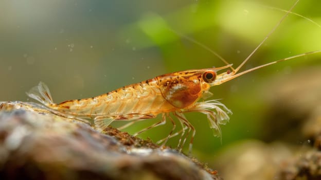 A detailed view of a shrimp perched on a rocky surface, showcasing its intricate features and coloring as it navigates its surroundings.