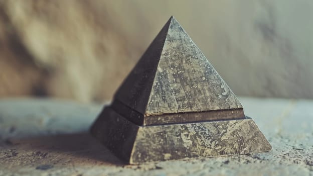 A wooden pyramid structure is positioned on top of a sandy beach, standing out against the golden grains. The pyramid casts a shadow in the sunlight as it rests peacefully in the natural setting.