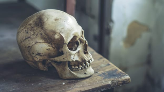 A human skull is placed atop a wooden table, creating a stark and eerie scene. The skulls hollow eye sockets and teeth are visible, contrasting against the rustic wood grain of the table.