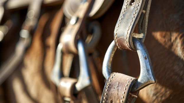 A close-up view of a horses bridle shows the intricate leather straps, buckles, and metal fixtures used to guide and control the horse while riding or working. The focus is on the details of the bridle, including the reins and bit.