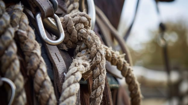 A close up view of a thick, braided rope securely tied around the neck of a chestnut-colored horse. The rope shows signs of wear from repeated use and is held taut against the animals neck by a sturdy knot.