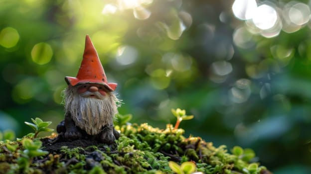 A close-up view of a small gnome figurine placed on a moss-covered surface. The figurine appears to be made of stone and is surrounded by lush green moss.