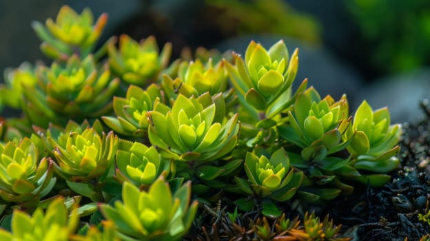 A detailed view of a cluster of vibrant green plants, showcasing their leaves, stems, and intricate patterns. The plants are densely packed together, creating a lush and verdant display of nature.