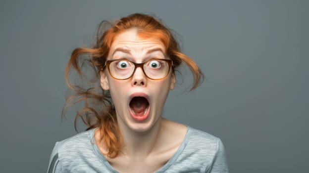 A woman with glasses is shown making a surprised expression, her eyes widened and mouth slightly agape. The surprise is evident on her face as she reacts to unexpected news or events.
