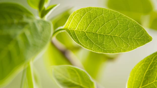 A detailed view of a single green leaf on a plant, showcasing its intricate veins, vibrant color, and natural beauty in a close-up shot.