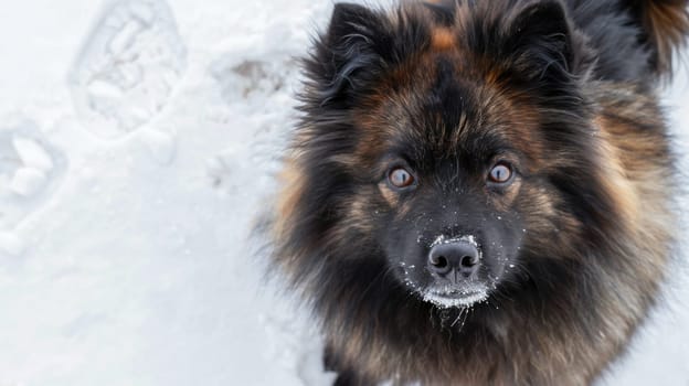 A brown and black dog is standing in the snow, covered in white flakes. The dogs fur contrasts against the snow, creating a striking image of winter.