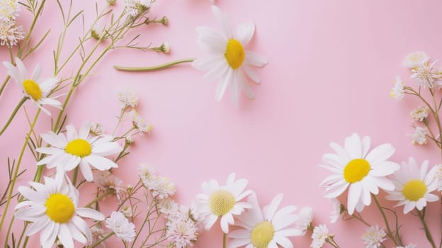 A cluster of white and yellow daisies displayed against a soft pink background. The flowers are arranged haphazardly, showcasing their delicate petals and green stems.