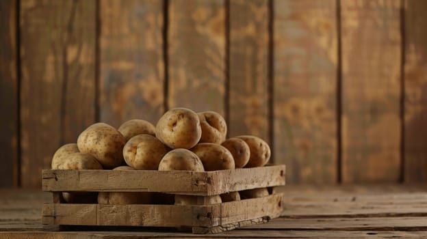 A wooden crate filled with freshly harvested potatoes is placed on top of a rustic wooden table. The scene showcases a bountiful harvest of potatoes ready to be used for cooking or planting.