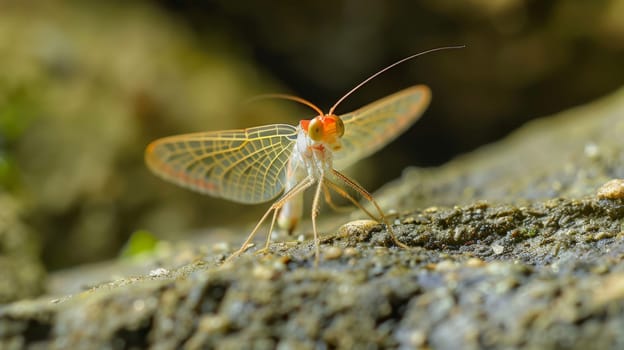 A detailed view of a small insect crawling on a textured rock, showcasing its intricate features and movements in its natural habitat.