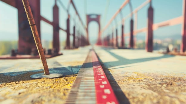 A close-up view of a red and white ribbon tied securely to a bridge railing, symbolizing awareness or remembrance. The ribbon stands out against the metal railing of the bridge.