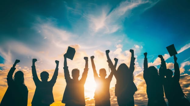 A group of diverse individuals holding up their hands in the air in a unified gesture of solidarity, teamwork, or celebration. The action conveys a sense of unity, empowerment, or excitement.