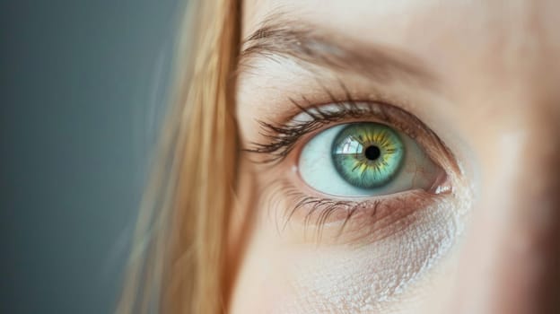 A detailed close-up view of a womans eye, showcasing the striking shade of blue with intricate patterns of the iris. The eye appears bright and clear, with visible eyelashes framing the delicate features.