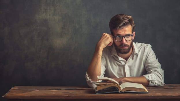 A man sits at a wooden table, engrossed in an open book in front of him. His focus is on the pages as he reads intently.