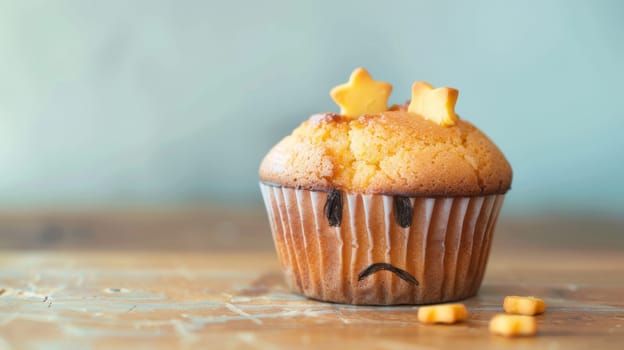 A single cupcake with colorful frosting and a cartoonish face drawn on it is the main subject of the composition. The face features two eyes, a nose, and a smiling mouth, adding a playful and whimsical touch to the sweet treat.
