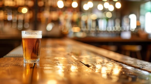 A glass filled with beer is placed on top of a wooden bar counter in a dimly lit interior setting. The condensation on the glass indicates a cold beverage.