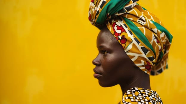 A woman is depicted wearing a vibrant and colorful head wrap. The head wrap features a variety of hues and patterns, adding a touch of cultural flair to her appearance.