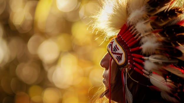 A detailed close-up of a person adorned in a traditional headdress, showcasing intricate patterns and vibrant colors. The headdress features feathers and beads, adding a cultural and ornamental flair to the individuals attire.