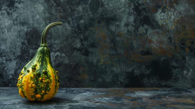 A yellow and green gourd is placed on top of a wooden table, showcasing its unique colors and textures. The gourd appears to be freshly picked, with its smooth surface catching the light in a warm ambiance.