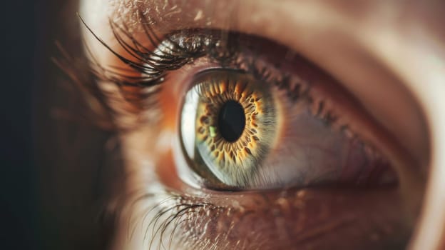 A close-up view of an individuals eye showcasing a striking green iris. The intricate details of the iris are clearly visible, including the pupil and surrounding sclera. The eye is well-lit, allowing for a detailed examination of its unique coloration and texture.