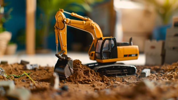 A small toy excavator is actively digging up dirt in a yard. The excavators bucket is filled with soil as it moves back and forth, creating a small pile of earth next to it. The scene captures the miniature construction activity in a domestic setting.