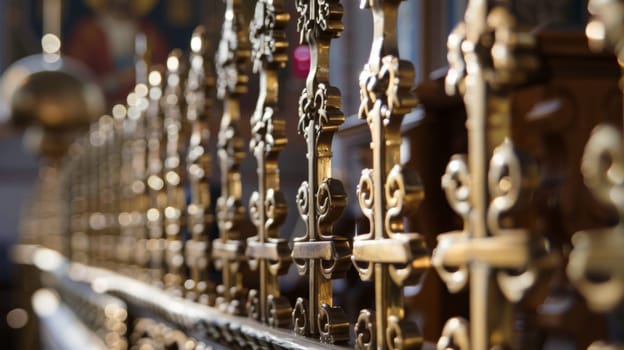 This close-up view showcases a metal fence adorned with numerous knobs. The intricate design of the fence is highlighted, with the knobs adding a unique touch to the structure.