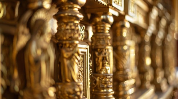 Detailed close-up of a wall adorned with lavish gold decorations, showcasing intricate patterns and designs. The golden embellishments create a striking contrast against the walls surface.