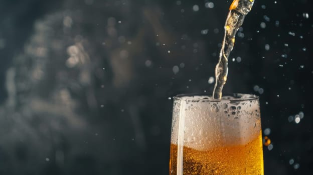 A close-up view of a clear glass being filled with golden beer from a bottle, capturing the bubbling and foaming as the liquid cascades down. The beer appears fresh and inviting, creating a dynamic and refreshing scene.