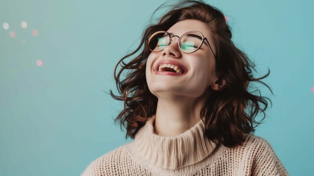 A woman with glasses and a sweater is captured in this scene. She exudes a sense of intellect and warmth with her choice of attire. The glasses frame her face, adding a touch of sophistication. The cozy sweater suggests a casual comfort that complements her style.