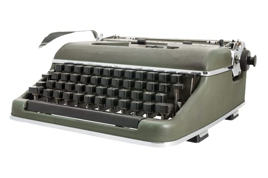 Old green mechanical typewriter with black keys and the two-tone ribbon in view, isolated on a transparent or white background