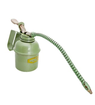 old green metal oiler with long, flexible spout and disused appearance - isolated on transparent or white