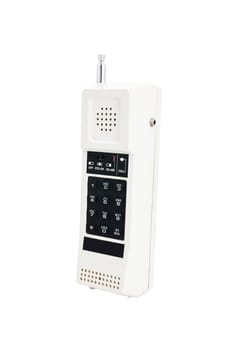 old square telephone dating from the 1980s-1900s or at most 1990s, with an extendable telescoping antenna, white in color with black buttons. Isolated on a white or transparent background.