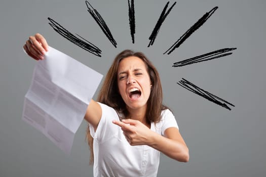Young woman with unwelcome document, screams and points at it, kinetic and dynamic graphics emphasize extreme disappointment felt in relation to bureaucracy and bills