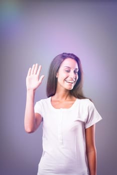 Thin woman in white tee, viewed via psychedelic lights, mildly intoxicated look, symbolizing perception change due to substances or alcohol overuse, consumed for an uplift