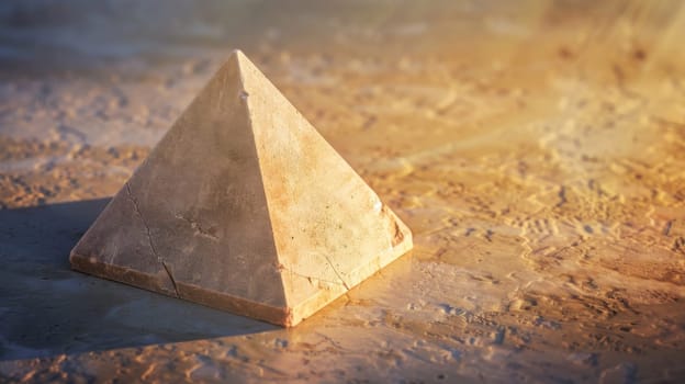 A stone pyramid is prominently positioned on top of the sandy ground. The pyramid stands out against the neutral-toned backdrop, showcasing its geometric structure against the sandy terrain.