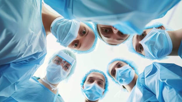 A group of surgeons in scrubs and surgical masks are standing in a circle, discussing a patients case or planning a procedure in a hospital operating room.