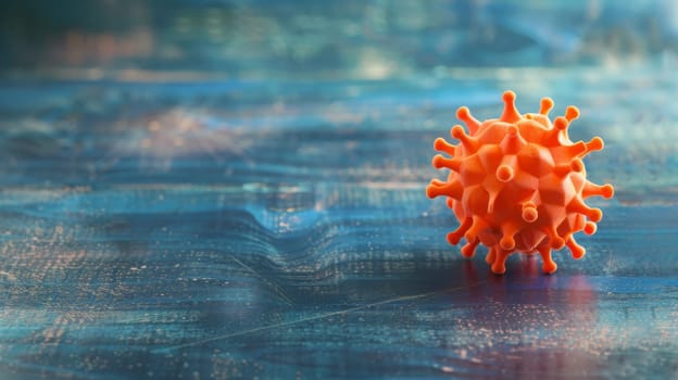 A small orange object is placed on top of a blue surface, creating a stark contrast between the vibrant orange and cool blue colors. The object sits still, adding a pop of color to the otherwise monochromatic scene.