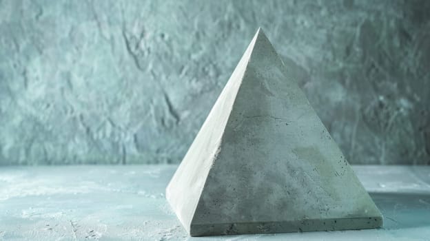 A stone pyramid is placed on top of a wooden table, creating a simple and intriguing visual composition.