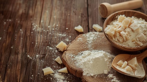 A wooden spoon is filled with powdered sugar and placed on top of a wooden table. The contrast between the white sugar and brown wood creates a visually appealing display.