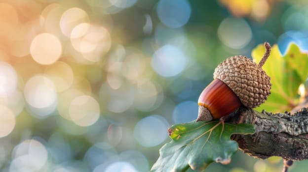 A close-up view of a small acorn attached to a tree branch, showcasing the intricate details of the tiny seed against the backdrop of bark and leaves. The acorn appears ready to detach and fall to the ground as part of the trees natural life cycle.