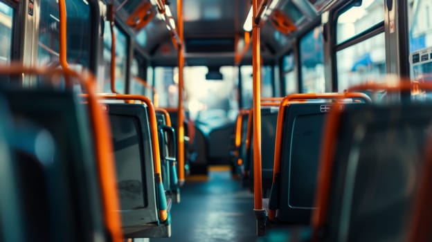 The image shows the inside of a public transit bus, with rows of seats, handrails, and passengers sitting or standing. The bus appears to be in motion, with people boarding or exiting at various stops.
